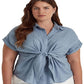 Ralph Lauren Women's Tie Front Linen Shirt Blue Size 1X