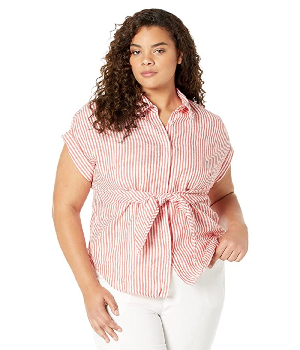 Ralph Lauren Women's Striped Tie Front Linen Shirt Red Size 1X