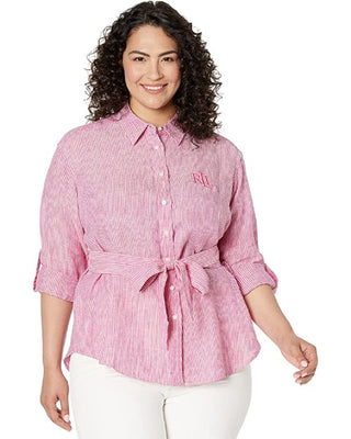 Ralph Lauren Women's Striped Logo Linen Shirt Pink Size 3X