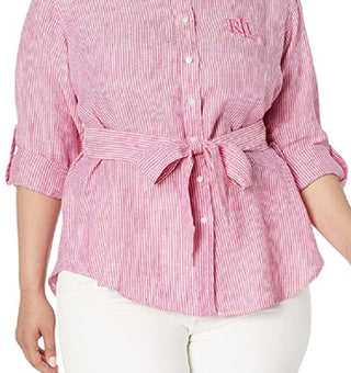 Ralph Lauren Women's Striped Logo Linen Shirt Pink Size 3X
