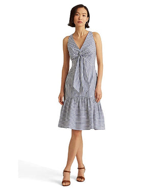 Ralph Lauren Women's Striped Front Tie Crepe Dress White Size 12