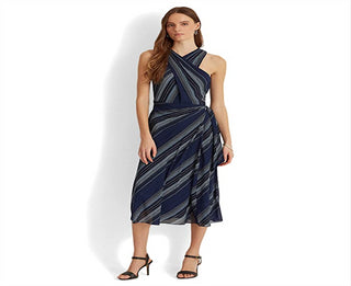 Ralph Lauren Women's Striped Crinkle Georgette Halter Dress Blue Size 4