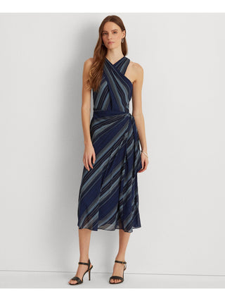 Ralph Lauren Women's Striped Crinkle Georgette Halter Dress Blue Size 8
