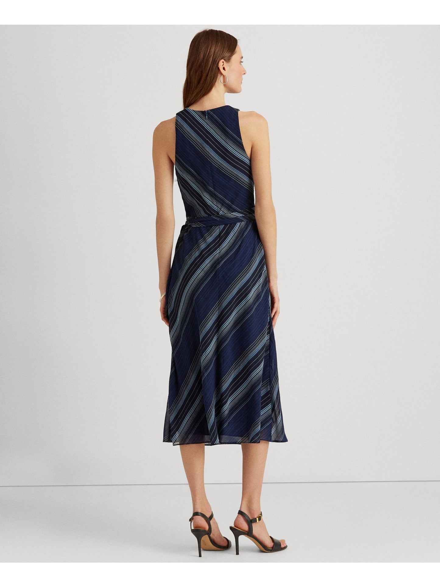 Ralph Lauren Women's Striped Crinkle Georgette Halter Dress Blue Size 8