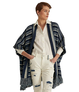 Ralph Lauren Women's Striped Cotton Fringe Trim Cardigan Blue Size Small