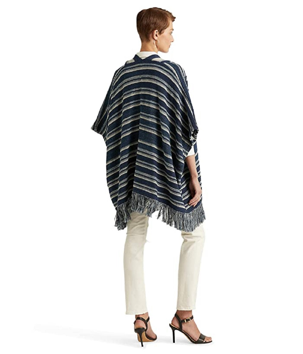 Ralph Lauren Women's Striped Cotton Fringe Trim Cardigan Blue Size Small