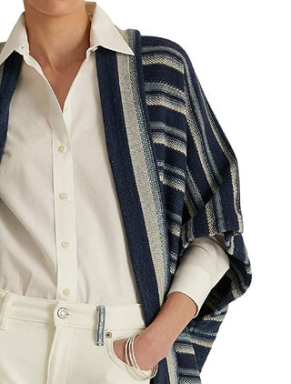 Ralph Lauren Women's Striped Cotton Fringe Trim Cardigan Blue Size Small