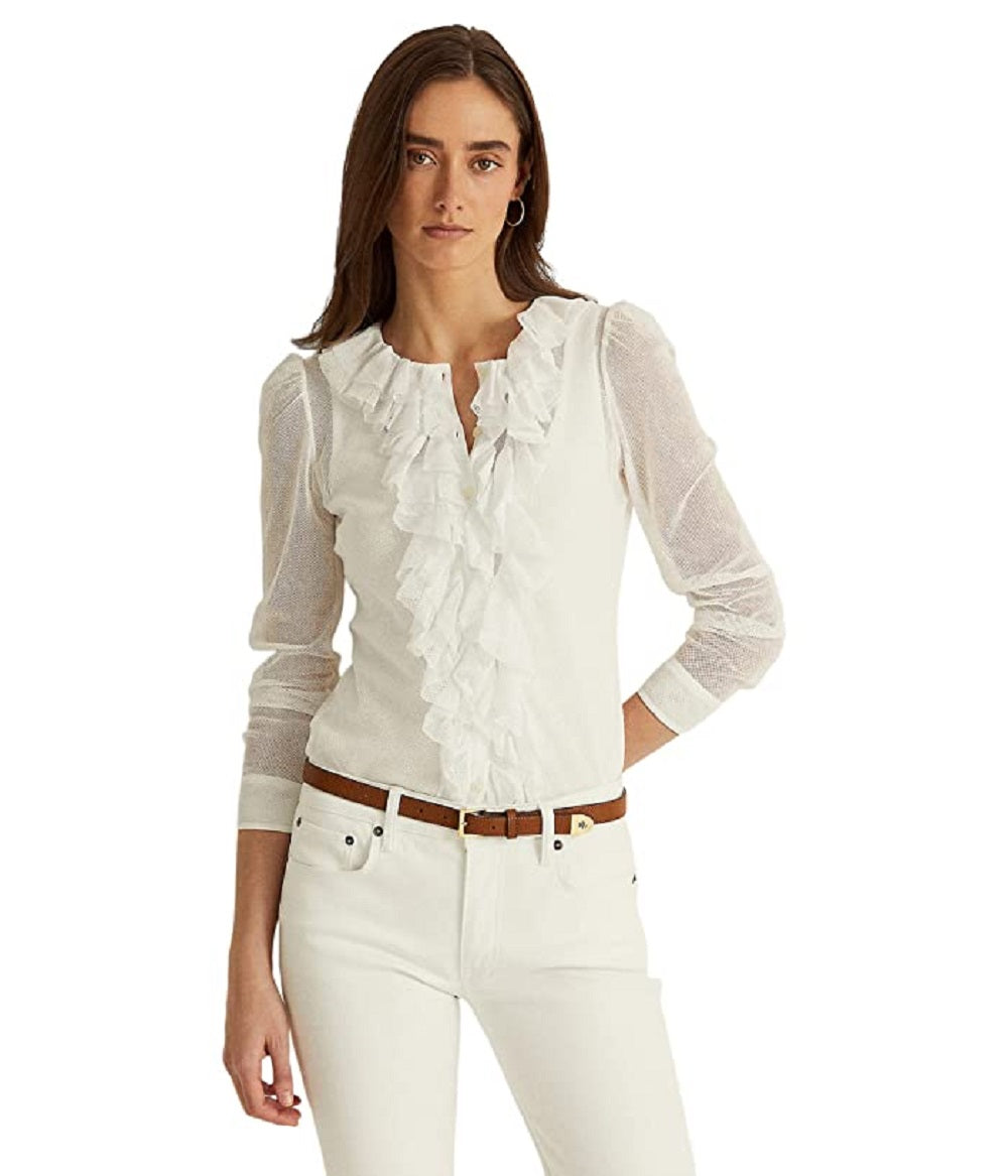 Ralph Lauren Women's Ruffle Trim Tulle Cardigan White Size Large
