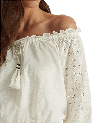 Ralph Lauren Women's Off The Shoulder Jersey Eyelet Blouse White Size Medium