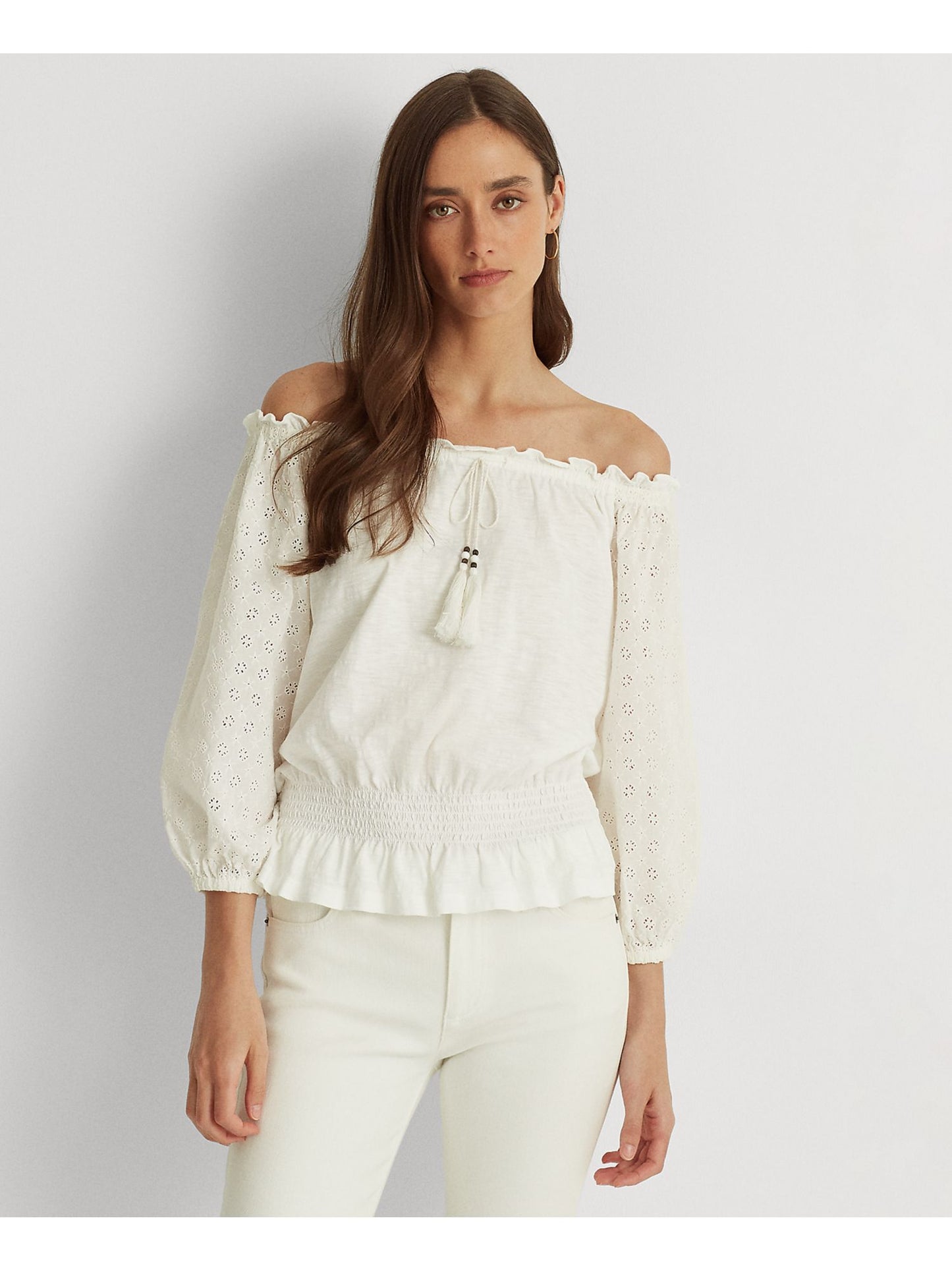 Ralph Lauren Women's Off The Shoulder Jersey Eyelet Top White Size X-Large