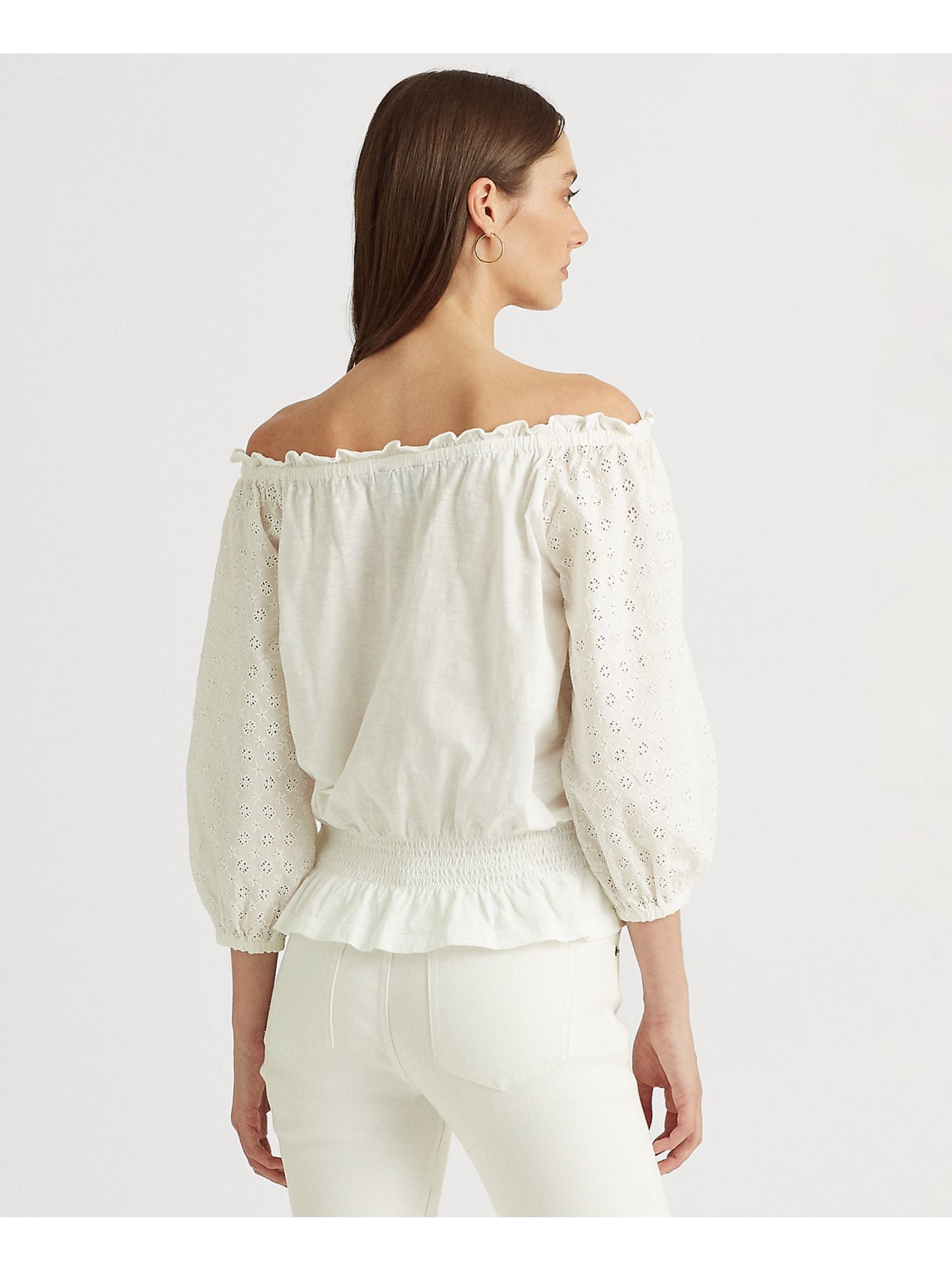 Ralph Lauren Women's Off The Shoulder Jersey Eyelet Top White Size X-Large