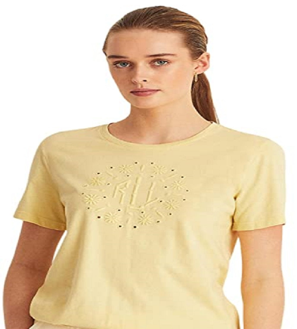 Ralph Lauren Women's Eyelet Logo Jersey Tee Yellow Size X Large