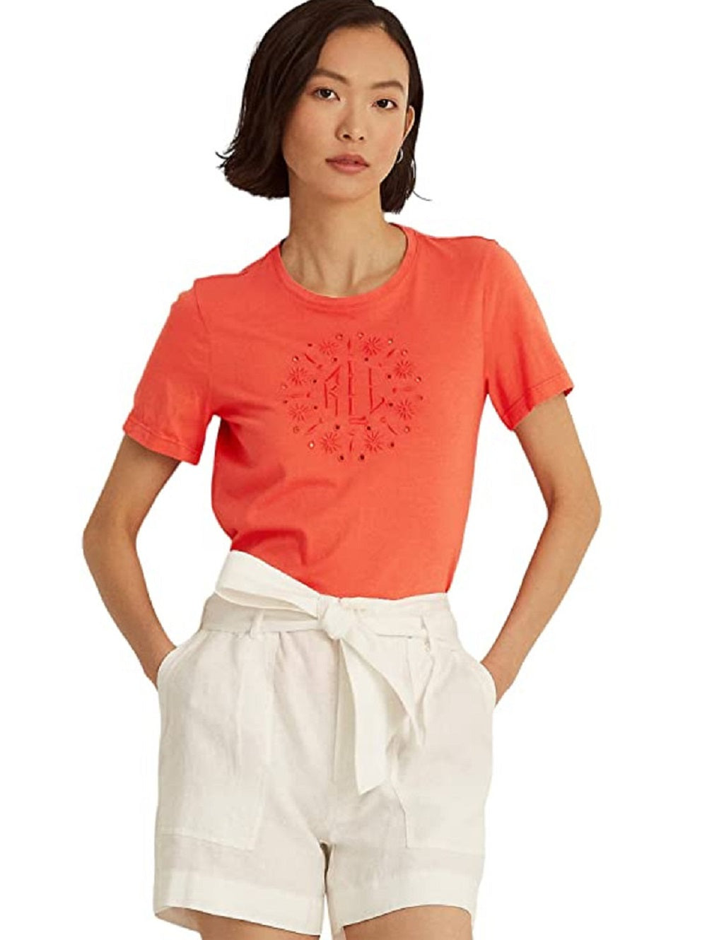Ralph Lauren Women's Eyelet Logo Jersey Tee Orange Size Small