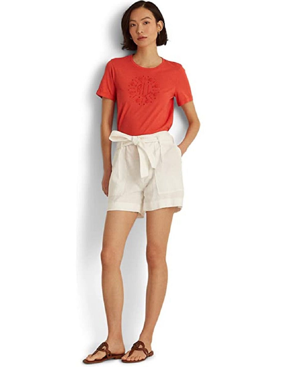 Ralph Lauren Women's Eyelet Logo Jersey Tee Orange Size Small