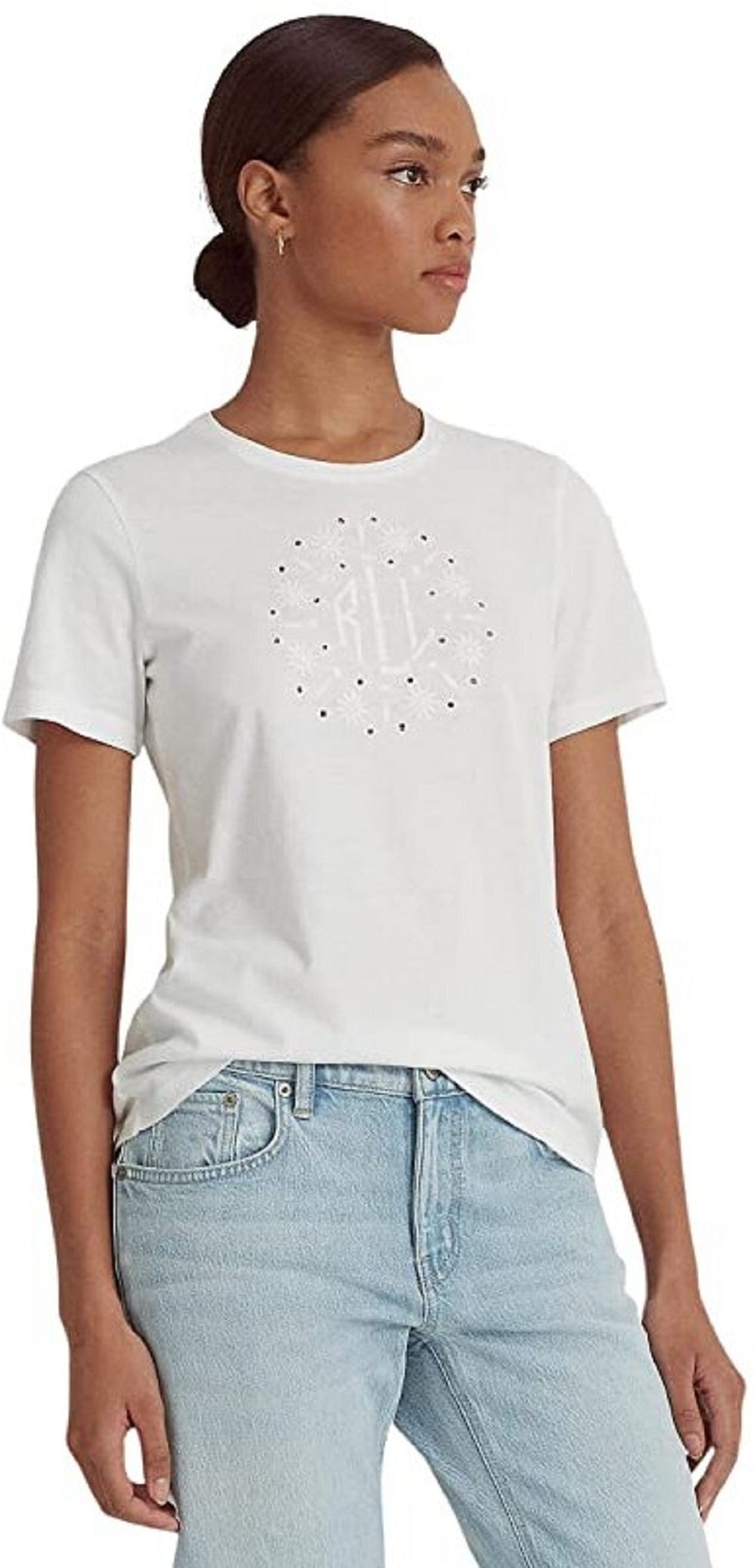 Ralph Lauren Women's Eyelet Logo Jersey Tee White Size X-Large