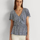 Ralph Lauren Women's Ruffled Tie Hook And Eye Front Floral Flutter Sleeve V Neck Peplum Top Blue Size Large