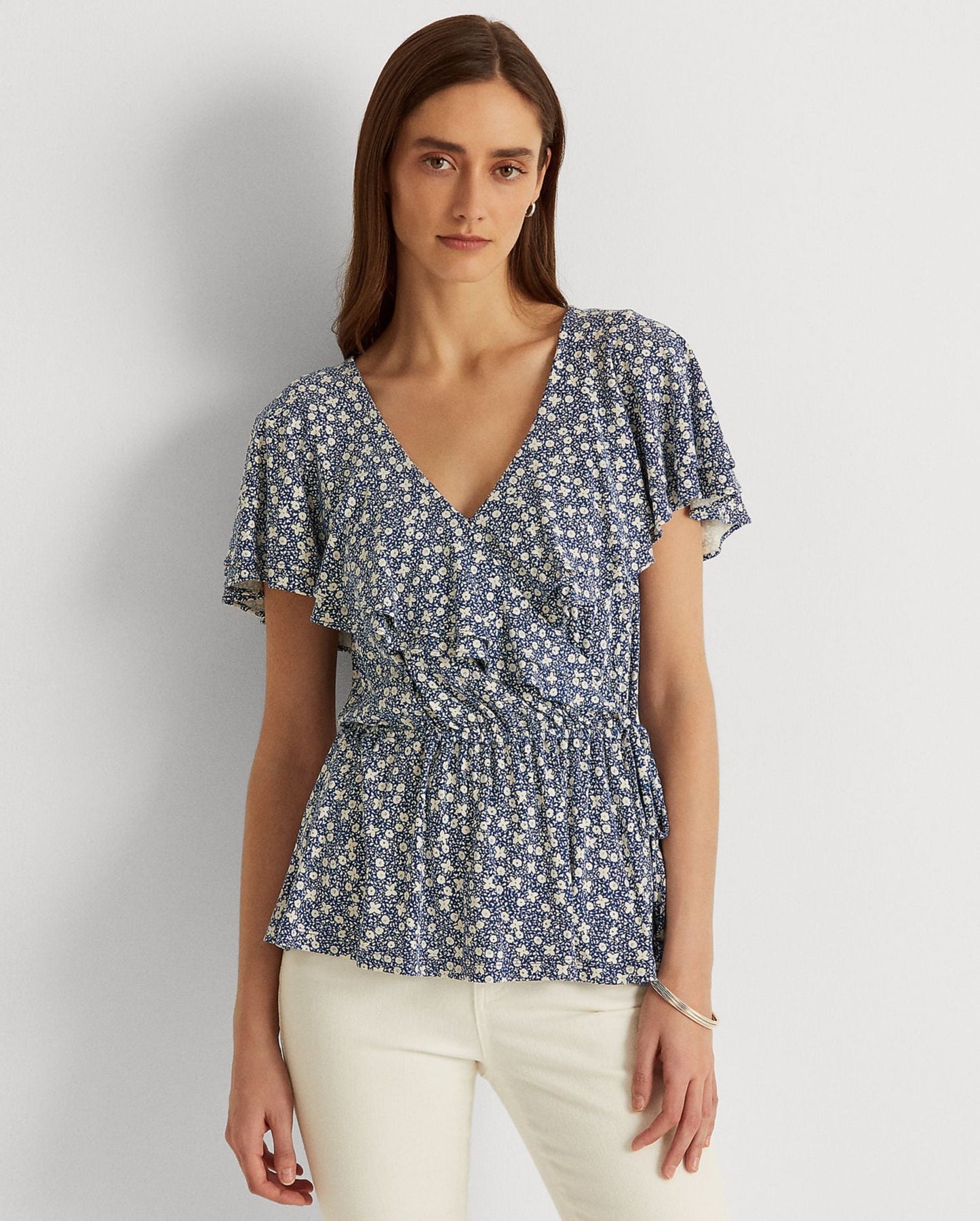 Ralph Lauren Women's Ruffled Tie Hook And Eye Front Floral Flutter Sleeve V Neck Peplum Top Blue Size Large