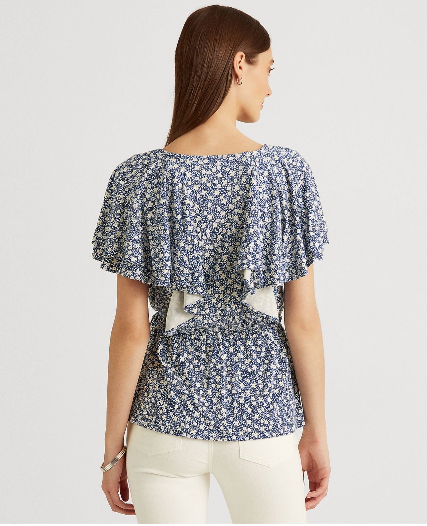 Ralph Lauren Women's Ruffled Tie Hook And Eye Front Floral Flutter Sleeve V Neck Peplum Top Blue Size Large