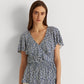 Ralph Lauren Women's Ruffled Tie Hook And Eye Front Floral Flutter Sleeve V Neck Peplum Top Blue Size Large