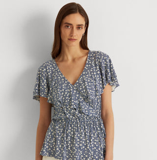 Ralph Lauren Women's Ruffled Tie Hook And Eye Front Floral Flutter Sleeve V Neck Peplum Top Blue Size Large