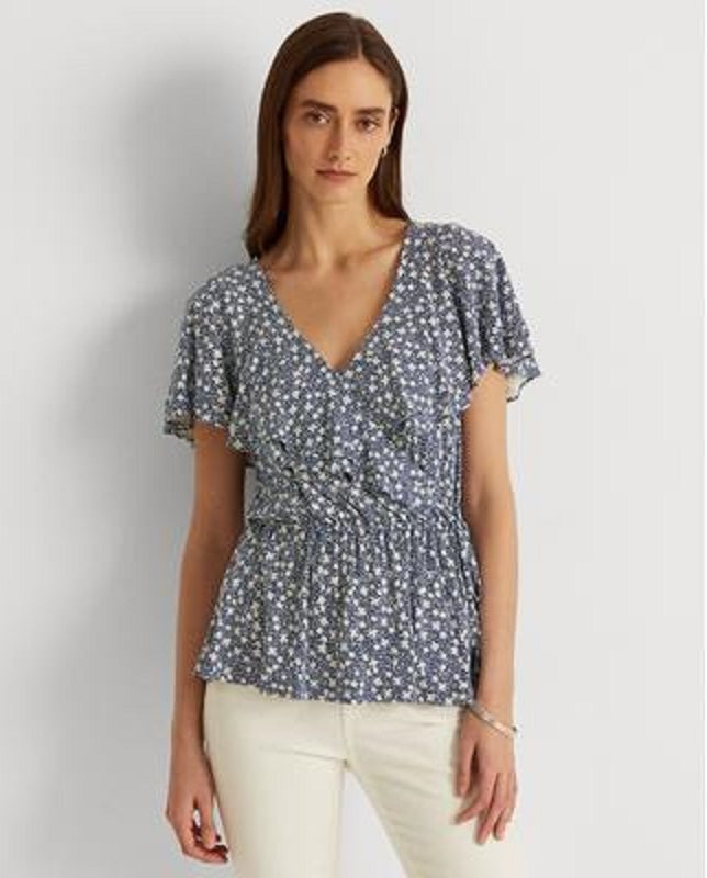 Ralph Lauren Women's Ruffled Tie Hook And Eye Front Floral Flutter Sleeve V Neck Peplum Top Blue Size Small