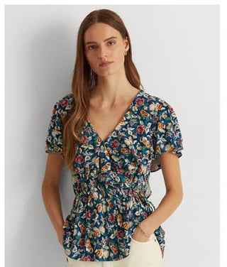 Ralph Lauren Women's Floral Jersey Surplice Top Blue Size X-Large