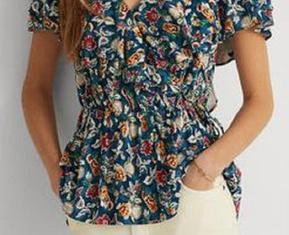 Ralph Lauren Women's Floral Jersey Surplice Top Blue Size X-Large