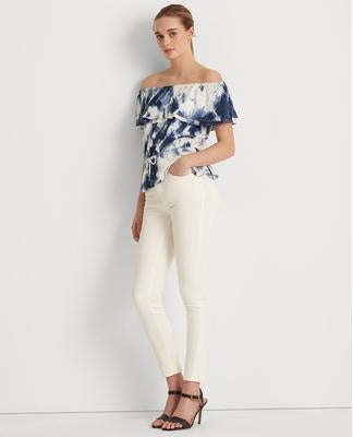 Ralph Lauren Women's Ruffled Elasticized Drawcord Waist Tie Dye Short Sleeve Off Shoulder Top White Size Medium