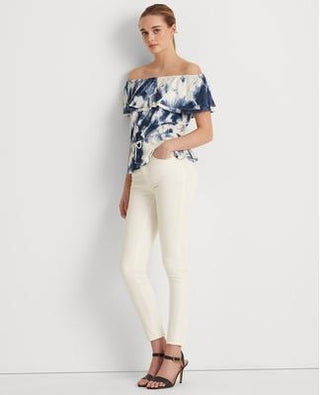 Ralph Lauren Women's Ruffled Elasticized Drawcord Waist Tie Dye Short Sleeve Off Shoulder Top White Size Medium