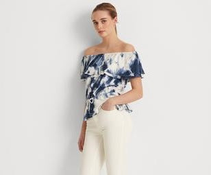 Ralph Lauren Women's Ruffled Elasticized Drawcord Waist Tie Dye Short Sleeve Off Shoulder Top White Size Medium