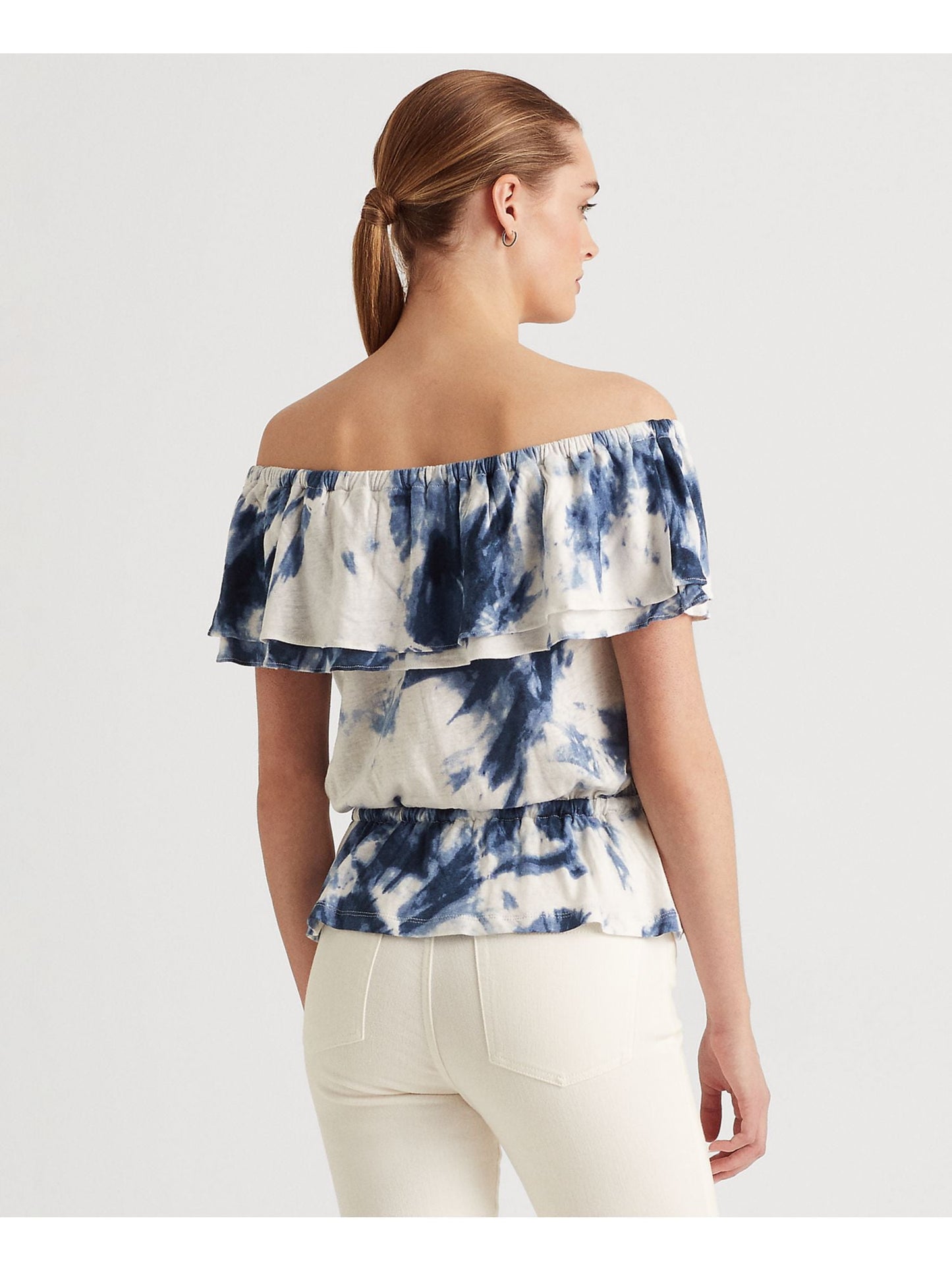 Ralph Lauren Women's Ruffled Elasticized Drawcord Waist Tie Dye Short Sleeve Off Shoulder Top White Size X-Large