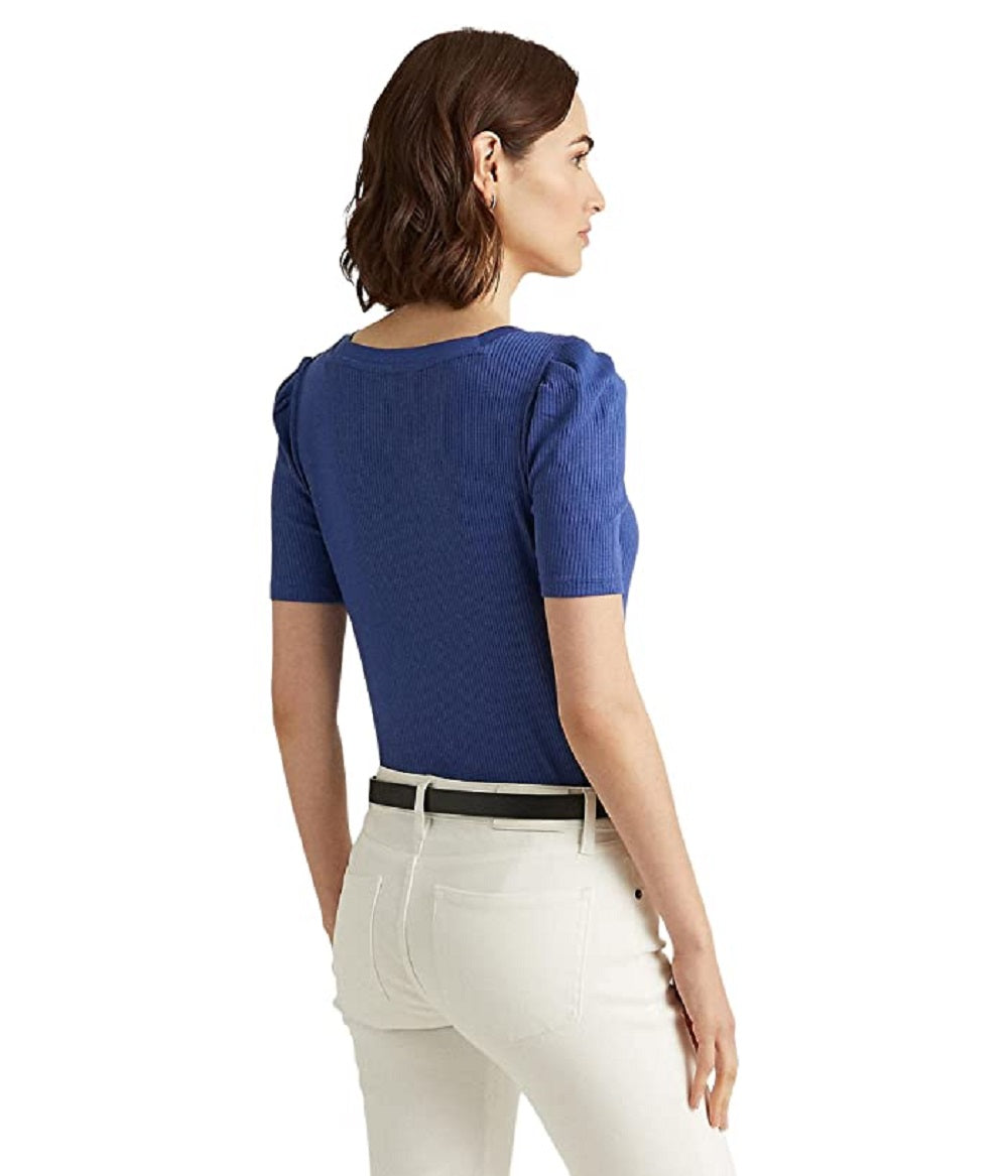Ralph Lauren Women's Cotton Blend Elbow Sleeve Tee Blue Size Petite X-Small
