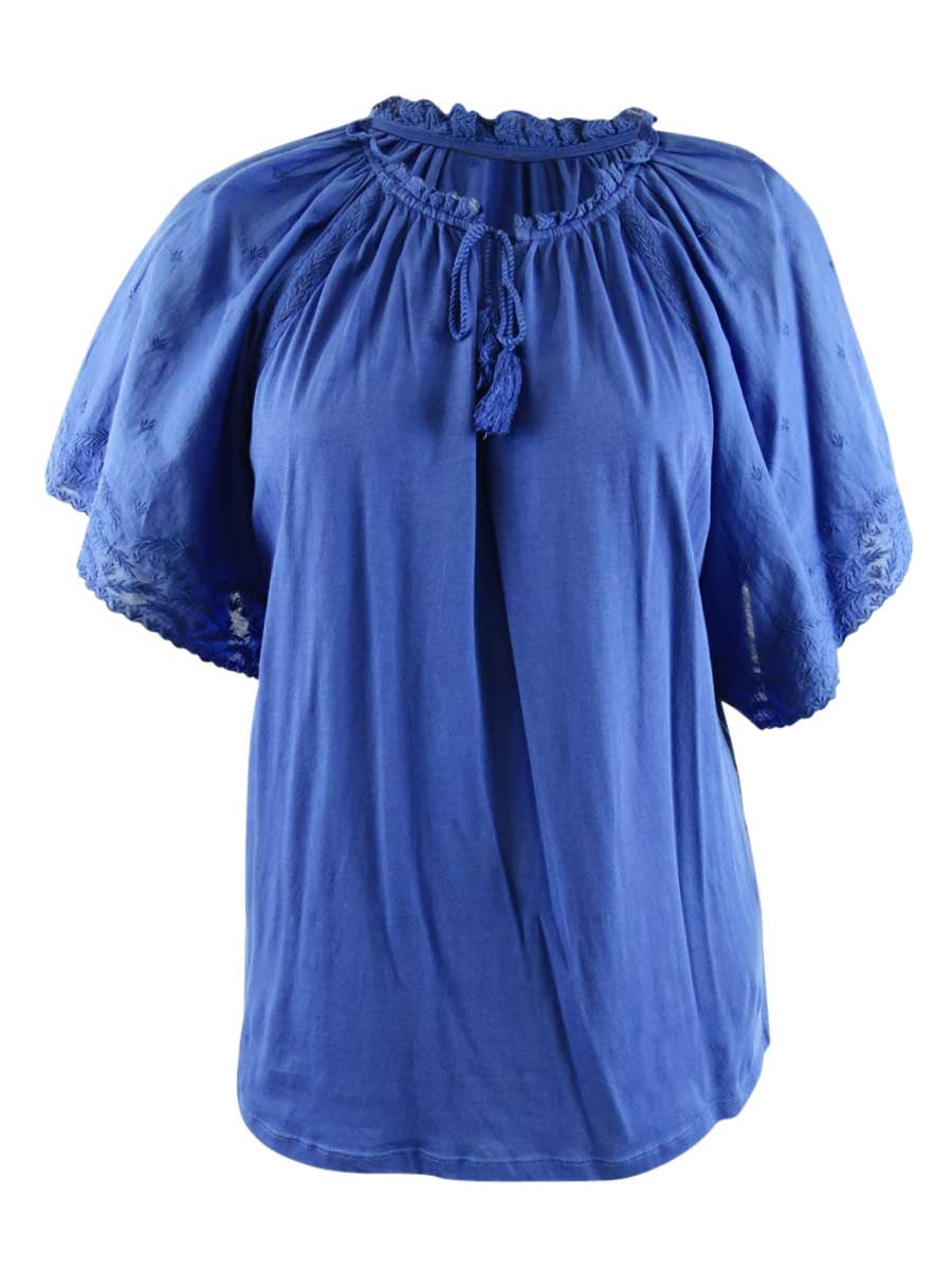 Ralph Lauren Women's Eyelet Flutter-Sleeve Jersey Top Blue Size 2X