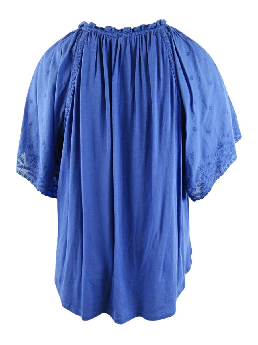 Ralph Lauren Women's Eyelet Flutter-Sleeve Jersey Top Blue Size 2X