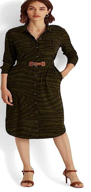 Ralph Lauren Women's Zebra Print Stretch Jersey Shirtdress Green Size Medium