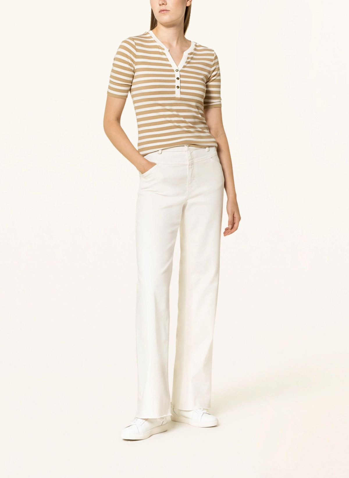 Ralph Lauren Women's Striped Cotton Blend Henley Tee Beige Size X-Large