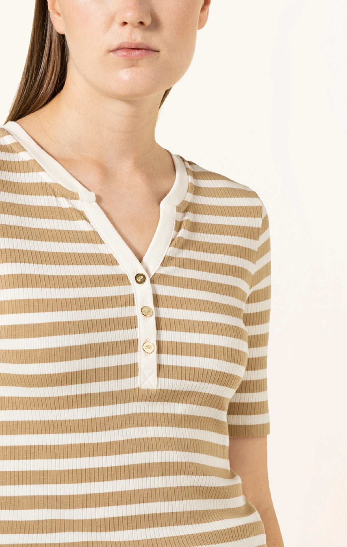 Ralph Lauren Women's Striped Cotton Blend Henley Tee Beige Size X-Large