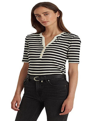 Ralph Lauren Women's Striped Cotton Blend Henley Tee Black Size Large