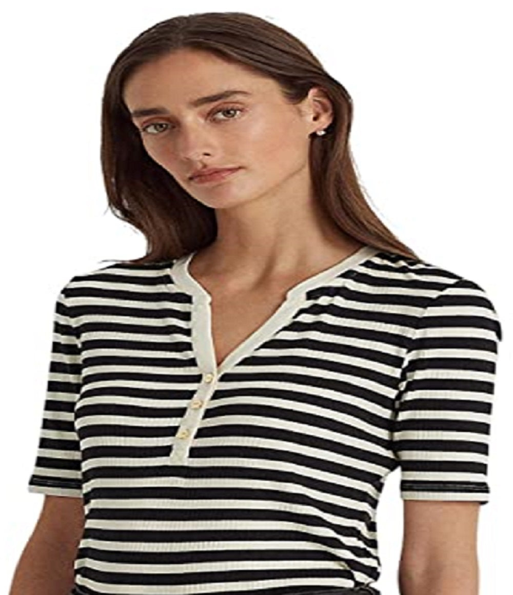 Ralph Lauren Women's Striped Cotton Blend Henley Tee Black Size Large