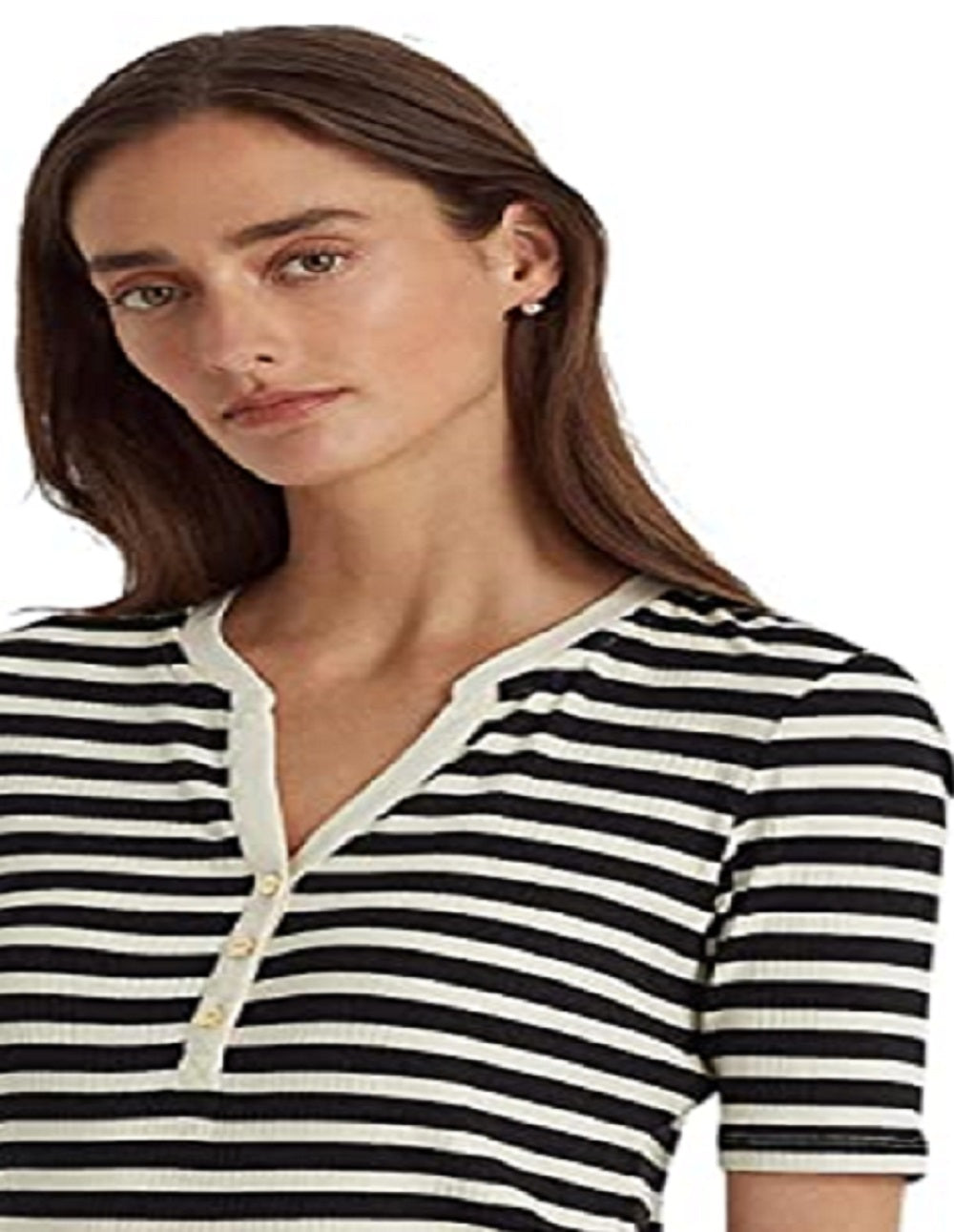Ralph Lauren Women's Striped Cotton Blend Henley Tee Black Size X Large