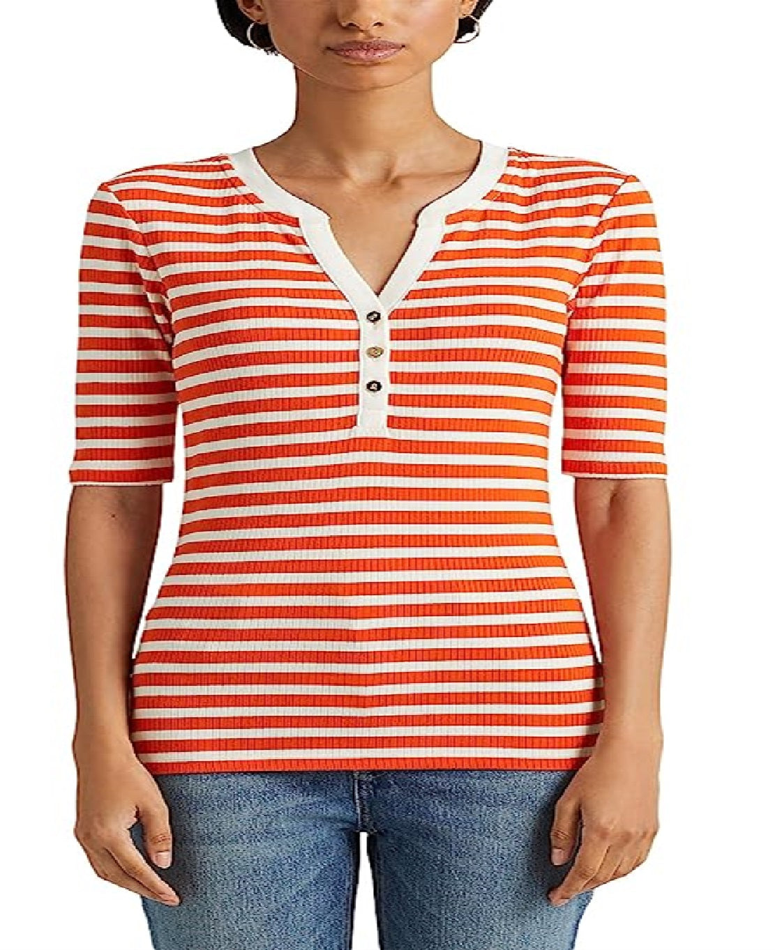 Ralph Lauren Women's Striped Cotton Blend Henley Tee Orange Size Medium