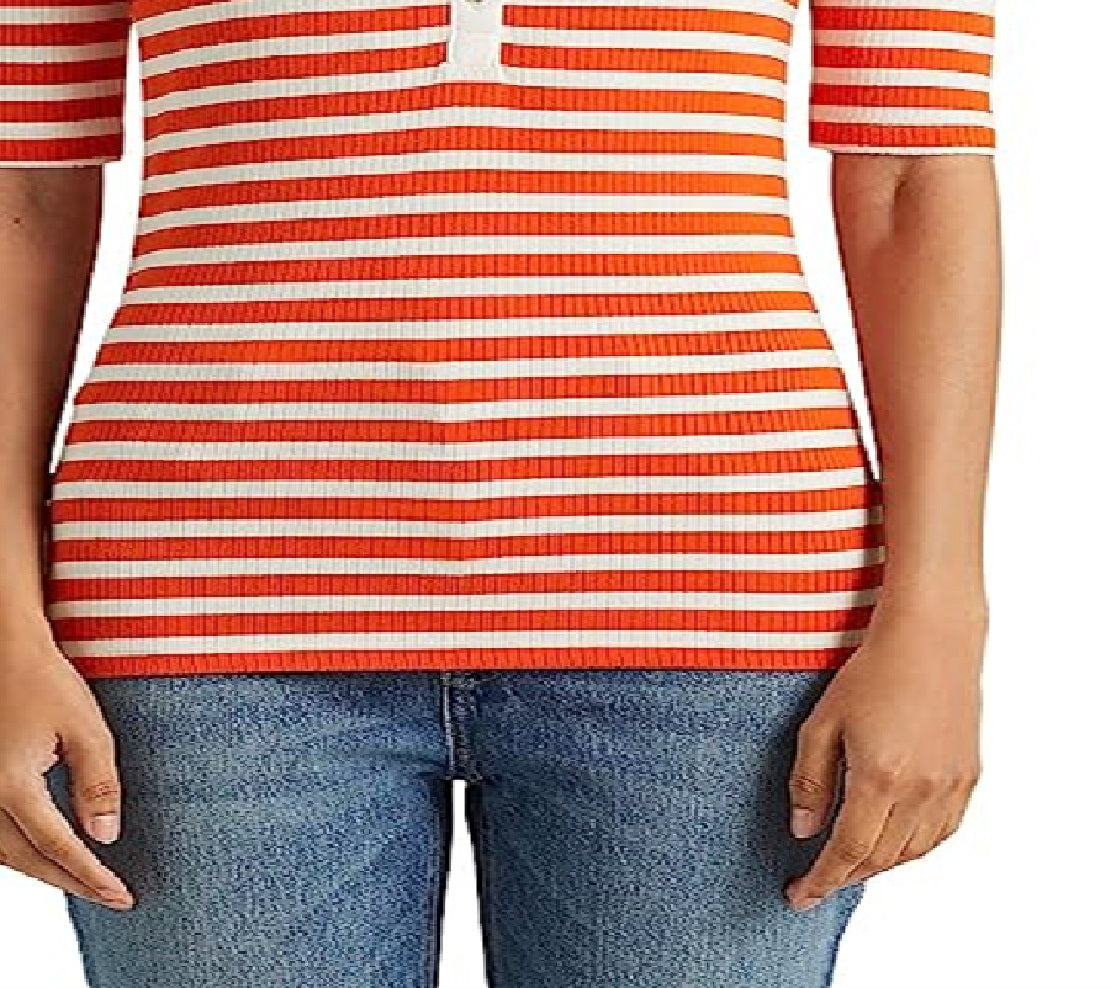 Ralph Lauren Women's Striped Cotton Blend Henley Tee Orange Size Medium