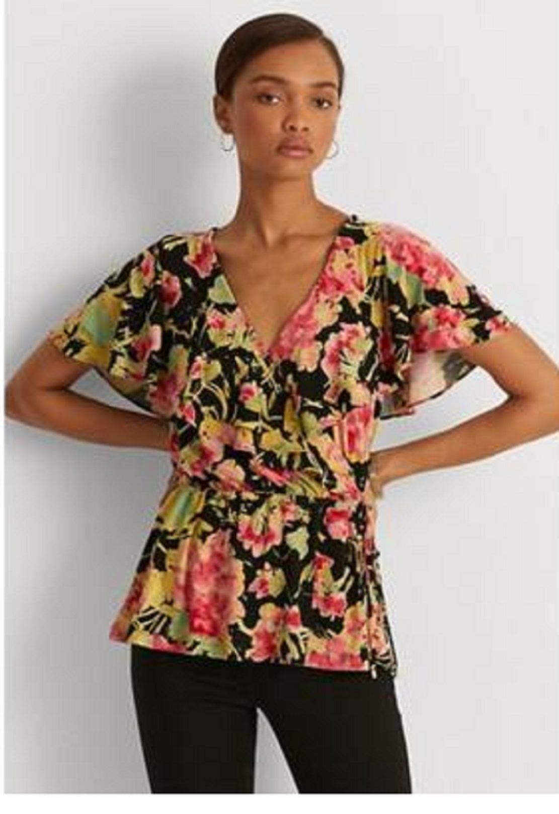 Ralph Lauren Women's Floral Ruffle Trim Surplice Jersey Top Black