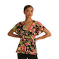 Ralph Lauren Women's Ruffled Tie Elastic Waist Floral Flutter Sleeve Top Black Size X Large