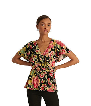 Ralph Lauren Women's Ruffled Tie Elastic Waist Floral Flutter Sleeve Top Black Size X Large