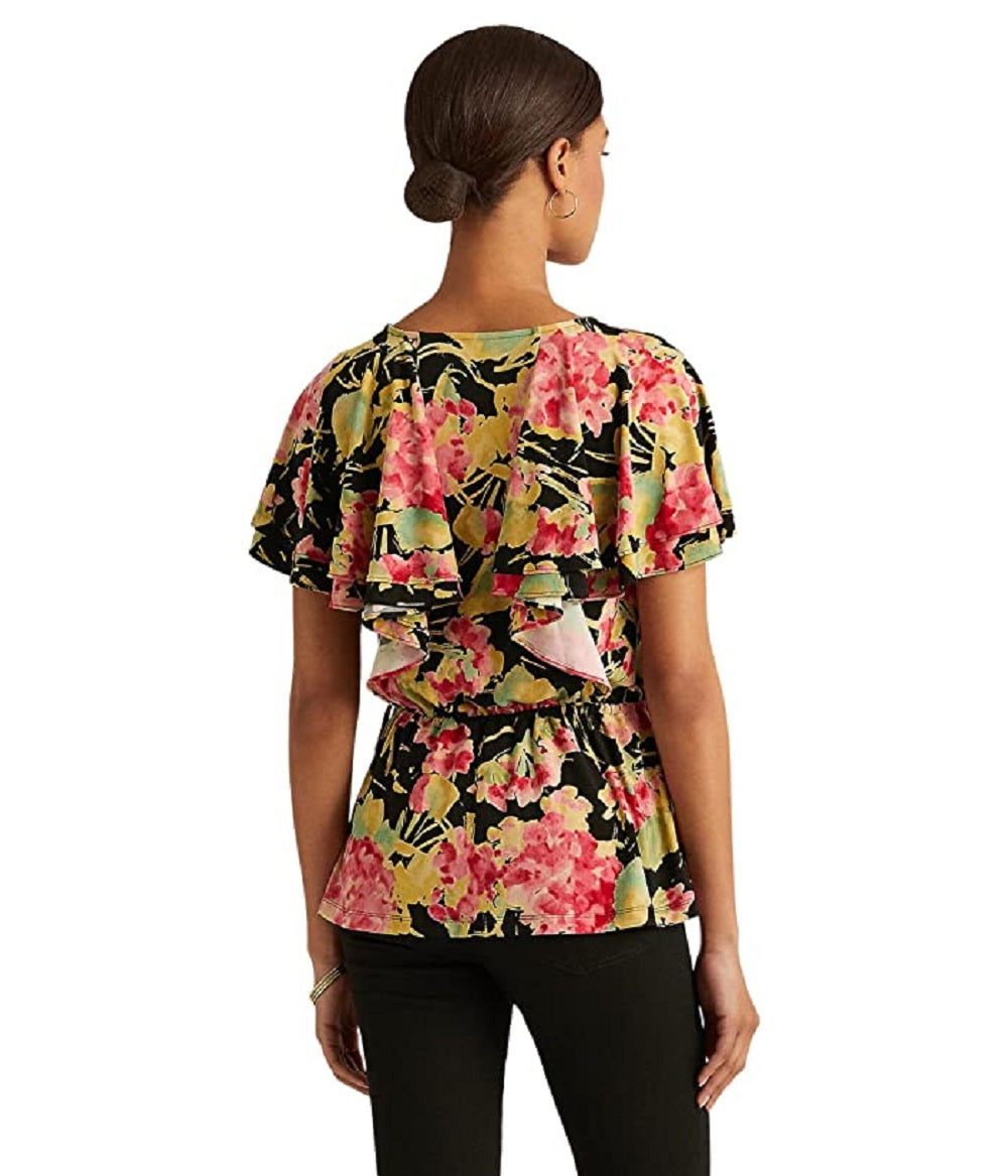 Ralph Lauren Women's Ruffled Tie Elastic Waist Floral Flutter Sleeve Top Black Size X Large