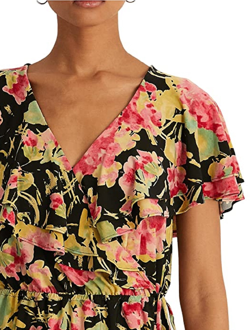 Ralph Lauren Women's Ruffled Tie Elastic Waist Floral Flutter Sleeve Top Black Size X Large