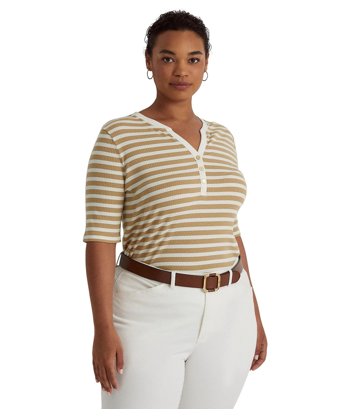 Ralph Lauren Women's Striped Cotton Blend Henley Tee Brown Size 1X