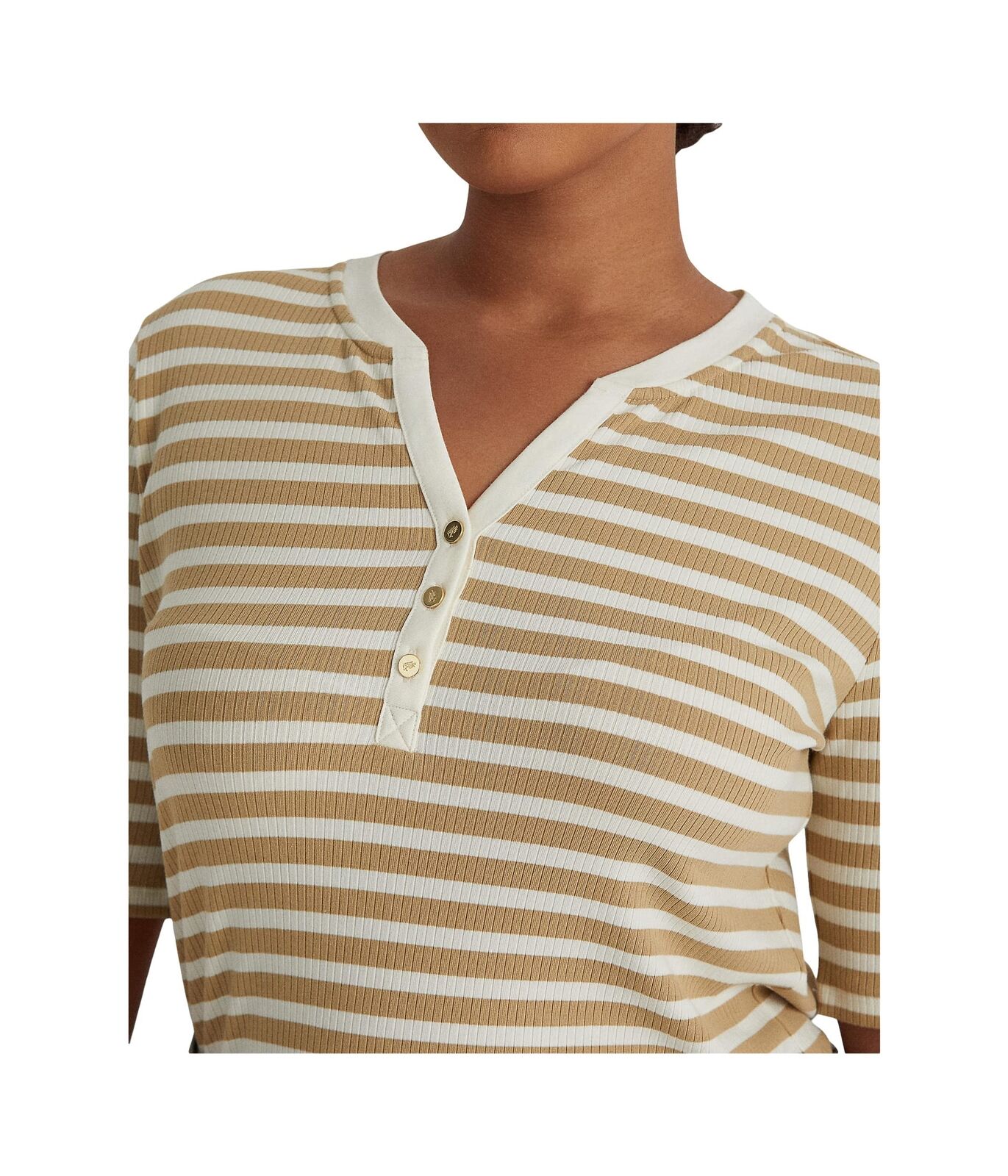 Ralph Lauren Women's Striped Cotton Blend Henley Tee Brown Size 1X