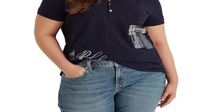 Ralph Lauren Women's Logo Graphic Short Sleeve Collared Polo Top Blue Size 3X